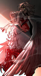 1girl absurdres blonde_hair breasts centauroid chimera claws dungeon_meshi falin_touden falin_touden_(chimera) feathered_wings feathers from_side highres margare medium_breasts monster_girl shaded_face simple_background solo taur white_feathers wings yellow_eyes