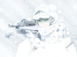 1girl backpack bag camouflage closed_mouth commentary_request gloves green_eyes green_hair grey_gloves gun holding holding_gun holding_weapon hood hood_up hooded_jacket jacket long_sleeves mizuhashi_parsee pole scarf shirosato snow snow_camouflage snow_on_head snowing snowstorm solo touhou weapon weapon_request white_gloves white_jacket white_scarf white_theme