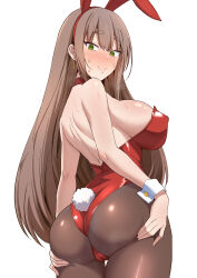 1girl absurdres animal_ears ass ayumu_(ayumu3659) bare_shoulders blush breasts brown_hair brown_pantyhose choker earrings fake_animal_ears fake_tail green_eyes highleg highleg_leotard highres jewelry large_breasts leotard long_hair looking_at_viewer looking_back original pantyhose playboy_bunny rabbit_ears rabbit_tail red_leotard smile solo tail thighs wrist_cuffs