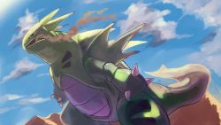 absurdres claws cloud commentary_request creatures_(company) day desert from_below game_freak gen_2_pokemon highres nintendo no_humans open_mouth outdoors pecohophop pokemon pokemon_(creature) sharp_teeth sky solo standing teeth tyranitar