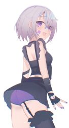 1girl bandaid bandaid_on_cheek bandaid_on_face bandaid_on_nose black_gloves black_shirt black_skirt black_thighhighs gloves grey_hair hand_jewel highres hololive hololive_english jewel_under_eye koseki_bijou koseki_bijou_(casual) miniskirt open_mouth panties purple_eyes purple_nails purple_panties shironekoshi shirt short_hair simple_background single_thighhigh skirt solo thighhighs underwear virtual_youtuber white_background