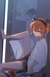1girl a.i._voice absurdres adachi_rei alternate_costume bag_of_chips barefoot black_shorts closed_mouth digital_media_player from_side handheld_game_console highres leg_up listening_to_music looking_at_viewer looking_to_the_side nintendo_ds orange_eyes orange_hair senri_(hrydy_o) shirt short_shorts short_sleeves shorts sitting solo t-shirt utau white_shirt