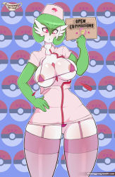 1girl blush breasts creamygravy female_focus fluttershy gardevoir gen_3_pokemon highres large_breasts my_little_pony nintendo nurse pokemon pokemon_(creature) red_eyes solo thighhighs wardrobe_malfunction