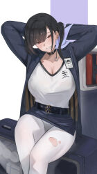Rule 34 | 1girl, absurdres, arms behind head, arms up, belt, black belt, black collar, black hair, black jacket, blue skirt, blush, bra visible through clothes, breasts, cleavage, clothes writing, collar, commentary, elvandec, goddess of victory: nikke, grin, head tilt, highres, id card, jacket, large breasts, long hair, long sleeves, looking at viewer, miniskirt, open clothes, open jacket, panties, panties under pantyhose, pantyhose, pencil skirt, red eyes, shirt, simple background, sitting, sitting on object, skirt, smile, solo, sora (nikke), torn clothes, torn pantyhose, twintails, underwear, white background, white panties, white shirt