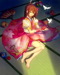 anago_(tokyo_retro_gokko) barefoot bird brown_eyes brown_hair feet fingernails floral_print folding_fan hair_ribbon hand_fan japanese_clothes kendama kimono legs obi oichi oichi_(sengoku_musou) origami ponytail ribbon sash sengoku_musou sitting skirt tatami thigh_strap toes