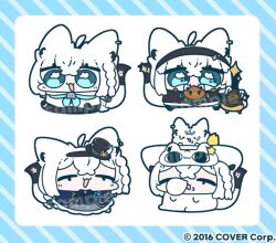 4girls :d ahoge alternate_costume alternate_hairstyle animal_ear_piercing animal_ears aqua_eyes ascot black_corset black_footwear black_jacket black_shorts black_socks blue_background blue_bow blue_bowtie blue_jacket blue_neckerchief boots bow bowtie braid chibi copyright_name corset detached_sleeves double-parted_bangs fox_ears fox_girl fox_tail frilled_skirt frills front_slit gloves gothic_lolita grey_skirt hair_between_eyes hat hip_vent hololive hood hooded_jacket hooded_vest hoodie jacket lolita_fashion long_hair long_sleeves loungewear mini_hat mini_top_hat multiple_girls neckerchief nejima_kitsune_(shirakami_fubuki) no_pants nose_bubble official_art open_mouth oruyanke_(shirakami_fubuki) pantyhose pentagram sample_watermark shirakami_fubuki shirakami_fubuki_(1st_costume) shirakami_fubuki_(aristocrat_kei) shirakami_fubuki_(loungewear) short_shorts shorts side_braid sidelocks single_thighhigh skirt sleep_mask smile socks sparkle star_(symbol) steampunk strapless striped_background sukonbu_(shirakami_fubuki) tail thighhighs top_hat underbust vest victorian virtual_youtuber watermark white_gloves white_hair white_pantyhose white_sleeves yananang