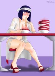 Rule 34 | 1girl, barefoot, blue hair, blush, breasts, eating, food, genderswap, headband, highres, horserious, hyuuga hinata, legs, mature female, naruto, naruto (series), naruto shippuuden, ninja, noodles, ramen, sandals, sexy no jutsu, short hair, simple background, solo, spicy