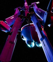 braw_bro commentary_request dyson_max glowing glowing_eye gundam gundam_gquuuuuux highres kikeroga_(gquuuuuux) looking_at_viewer mecha mecha_focus mobile_armor one-eyed parody pink_eyes robot science_fiction space zeon