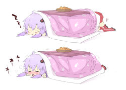 2girls blush bowl chibi crawling food fruit hair_ornament implied_sex kotatsu kotonoha_akane long_hair mandarin_orange multiple_girls open_mouth petenshi_(dr._vermilion) purple_hair sexually_suggestive sleeping smile sneaking table thighhighs trembling tsurumaki_maki twintails upper_body vocaloid voiceroid yuri yuzuki_yukari