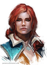 1girl artist_name collared_jacket deviantart_username green_eyes highres jacket looking_at_viewer open_clothes open_jacket portrait red_hair simple_background solo the_witcher_(series) triss_merigold watermark web_address white_background yama_orce