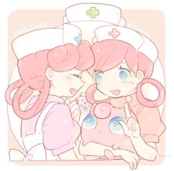 2016 2girls :d ^_^ apron blue_eyes chansey closed_eyes creatures_(company) dated game_freak gen_1_pokemon hair_rings hand_up hat holding holding_pokemon jigglypuff joy_(pokemon) katiko medium_hair multiple_girls nintendo no_nose nurse nurse_cap open_mouth pink_hair pokemon pokemon_(anime) pokemon_(classic_anime) pokemon_(creature) pokemon_bw_(anime) puffy_short_sleeves puffy_sleeves short_sleeves smile teeth twitter_username white_apron white_headwear