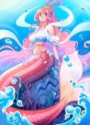 Rule 34 | 1girl, absurdres, blue eyes, blush stickers, bracelet, breasts, bubble, character name, commentary, coral, cover, earrings, english commentary, fish hair ornament, hagoromo, hair ornament, half updo, highres, jewelry, large breasts, long hair, looking to the side, magazine cover, mermaid, monster girl, navel, one piece, pink hair, shawl, shell, shell earrings, shirahoshi, shuravf, sidelocks, smile, solo, underwater, very long hair
