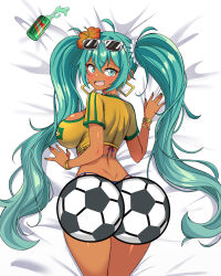 ahoge aqua_eyes aqua_hair ass back ball bed blush bracelet brazilian_flag brazilian_flag_print brazilian_miku breasts can censored cleavage collarbone crop_top dark-skinned_female dark_skin denim denim_shorts drink flag_print flower gold_bracelet green_nails guarana_antarctica hair_elastic hair_flower hair_ornament hatsune_miku huge_ass jarckius jewelry long_hair lying multicolored_nails necklace on_bed on_stomach open_mouth shirt shorts smile soccer soccer_ball solo spill teeth thick_thighs thighs upper_teeth_only very_long_hair vocaloid waist_jewel wide_hips yellow_nails yellow_shirt