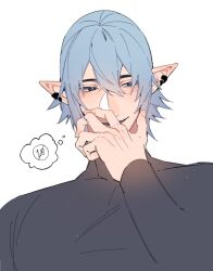 1boy 2jrsb3 arm_up black_shirt blush commentary covering_own_mouth double-parted_bangs earrings elezen elf english_commentary final_fantasy final_fantasy_xiv grey_eyes grey_hair hair_between_eyes hand_over_own_mouth haurchefant_greystone image_in_thought_bubble jewelry long_pointy_ears long_sleeves looking_to_the_side male_focus open_mouth piercing pointy_ears shirt sideways_glance simple_background smile solo speech_bubble thought_bubble upper_body white_background