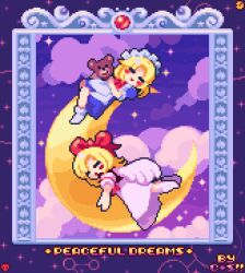 Rule 34 | angel wings, apron, artist name, blonde hair, blue dress, blush, bow, bowtie, cloud, cloudy sky, comet summoner98, crescent moon, dress, english text, feathered wings, frills, gengetsu (touhou), hair bow, holding teddy bear, long sleeves, maid, maid headdress, moon, mugetsu (touhou), multiple girls, open mouth, pixel art, puffy short sleeves, puffy sleeves, red bow, red eyes, ribbon, short hair, short sleeves, siblings, sisters, skirt, sky, sleeping, smile, stuffed animal, stuffed toy, teddy bear, touhou, touhou (pc-98), twins, white wings, wings