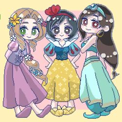 3girls aerith_gainsborough aqua_gemstone aqua_hairband aqua_pants aqua_shoes arms_behind_back baggy_pants bare_shoulders bbbboour black_hair blue_flower blue_shirt border braid breasts brown_eyes brown_hair closed_mouth commentary_request cosplay crop_top disney dress earrings final_fantasy final_fantasy_vii flower full_body gem gold_necklace green_eyes hair_flower hair_ornament hairband hand_on_own_chest hands_on_own_hips harem_outfit hoop_earrings jasmine_(disney) jasmine_(disney)_(cosplay) jewelry light_blush lily_(flower) long_hair looking_at_viewer low-tied_long_hair medium_breasts midriff multiple_girls necklace pants parted_bangs pink_background pink_dress pink_flower pink_shoes pixel_art popped_collar puffy_short_sleeves puffy_sleeves rapunzel_(disney) rapunzel_(disney)_(cosplay) red_eyes red_hairband shirt shoes short_hair short_sleeves sidelocks single_braid skirt smile snow_white_(disney) snow_white_(disney)_(cosplay) tifa_lockhart white_flower yellow_border yellow_flower yellow_shoes yellow_skirt yuffie_kisaragi