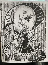 1girl bamboo bamboo_forest bow dress ex-keine forest greyscale hat highres horn_bow horn_ornament horns kamishirasawa_keine long_hair monochrome nature photo_(medium) scroll short_sleeves solo suteruko touhou traditional_media very_long_hair