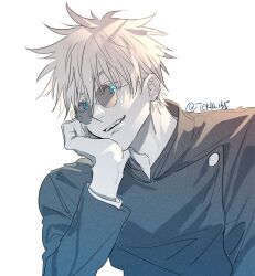 1boy blue_eyes commentary glasses gojou_satoru hand_on_own_chin head_rest jujutsu_kaisen jujutsu_tech_uniform long_sleeves looking_at_viewer male_focus round_eyewear short_hair simple_background solo symbol-only_commentary teeth tekla twitter_username upper_body upper_teeth_only white_background white_hair