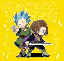 2boys bag black_gloves black_pants black_shirt blue_eyes blue_hair boots brown_hair brown_shoes brown_trim camus_(dq11) chibi commentary_request dragon_quest dragon_quest_xi earrings fingerless_gloves floating_clothes floating_hair gloves gold_earrings green_boots green_tunic grin hand_on_own_arm hero_(dq11) holding holding_sword holding_weapon hoop_earrings jewelry looking_at_another looking_at_viewer male_focus medium_hair multiple_boys one_eye_closed orange_socks pants parted_hair partial_commentary purple_tunic romaji_text shirt shoes short_hair single_bang smile socks sparkle spiked_hair sword tunic weapon yellow_background yunion_(sibujya)