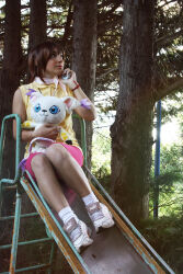 brown_hair cosplay_photo digimon digimon_adventure digivice looking_up photo_(medium) real_life shoes stuffed_toy tailmon tree white_shoes yagami_hikari yokouchihayang