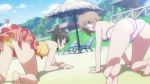 00s 2girls all_fours animated ass barefoot beach breast_press breasts butt_crack center_opening cleavage clothing_cutout cloud feet female_focus glasses lotion momioka_risa multiple_girls navel one-piece_swimsuit outdoors sand sawada_mio sky strapless strapless_one-piece_swimsuit sunscreen swimsuit to_love-ru twintails video video