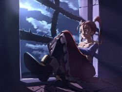 1girl black_pantyhose breasts brown_eyes brown_shoes cleavage cloud collarbone commentary_request crossed_legs dragon_quest dragon_quest_viii earrings hair_pulled_back hair_tubes highres jessica_albert jewelry looking_to_the_side night night_sky off_shoulder orange_hair pantyhose purple_shirt red_skirt shirt shoes sitting skirt sky solo sphere_earrings tears thorns toriyama_akira_(style) twintails window yellow_corset yuto_sakurai