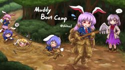&gt;_&lt; 6+girls animal_ears blonde_hair blue_hair rabbit_ears crescent_moon dirty dirty_clothes gun hand_on_own_hip highres kishin_sagume moon mud multiple_girls necktie open_mouth pink_skirt purple_hair red_eyes reisen_(touhou_bougetsushou) reisen_udongein_inaba ringo_(touhou) seiran_(touhou) shitacemayo single_wing skirt touhou tree weapon white_wings wings