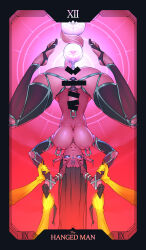 1girl 2others bar_censor blue_hair breasts censored demon_girl futanari glowing glowing_eyes highres horn_ornament horn_ring horns large_breasts long_hair long_horns multiple_others nipple_piercing original piercing pointy_ears restrained tail tailbox tarot the_hanged_man_(tarot)