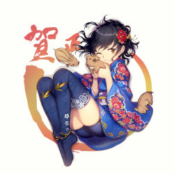 1girl ;3 animal bike_shorts black_hair blue_kimono blue_thighhighs blush boar brown_eyes closed_mouth commentary_request female_focus fetal_position floral_print flower from_above full_body hair_flower hair_ornament highres holding holding_animal japanese_clothes kamome_yuu kimono long_sleeves looking_at_viewer lying no_shoes obi on_side one_eye_closed original print_kimono print_thighhighs red_flower sash short_hair solo thighhighs wide_sleeves