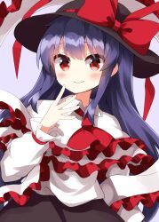 Rule 34 | 1girl, alternate hair length, alternate hairstyle, ascot, black hat, black skirt, blush, bow, closed mouth, collared shirt, commentary, cowboy shot, frilled shawl, frilled sleeves, frills, hand up, hat, hat bow, highres, long hair, long sleeves, looking at viewer, nagae iku, purple background, purple hair, red ascot, red bow, red eyes, ruu (tksymkw), shawl, shirt, sidelocks, simple background, skirt, smile, solo, touhou, white shawl, white shirt