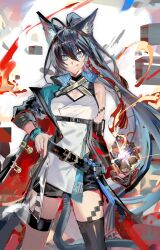 1girl absurdres animal_ear_fluff animal_ears arknights black_hair black_shorts black_thighhighs blaze_(arknights) blaze_the_igniting_spark_(arknights) blue_eyes breasts cat_ears commentary_request highres infection_monitor_(arknights) large_breasts licking_lips long_hair shirt short_shorts shorts single_thighhigh smile solo tabno_(tanbotalo) thighhighs tongue tongue_out white_shirt