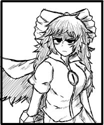 1girl absurdres arm_cannon bags_under_eyes bird_wings black_border border bow breasts cape closed_mouth collared_shirt cowboy_shot feathered_wings glaring greyscale hair_bow highres long_hair looking_at_viewer medium_breasts monochrome reiuji_utsuho shaded_face shirt short_sleeves simple_background skirt third_eye third_eye_on_chest tomino&#039;s_hell touhou weapon wings
