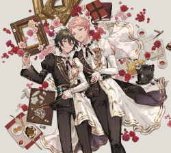 2boys black_hair black_jacket black_pants blue_eyes book closed_mouth cup ensemble_stars! flower hair_between_eyes heterochromia highres itsuki_shu jacket juliet_sleeves kagehira_mika long_sleeves mademoiselle_(ensemble_stars!) male_focus multiple_boys open_mouth pants pink_hair puffy_sleeves red_flower red_rose ribbed_shirt rose shirt short_hair signature teacup valkyrie_(ensemble_stars!) white_flower white_rose white_shirt yellow_eyes yutsumoe