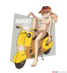 barefoot breasts flcl haruhara_haruko motor_vehicle nipples pink_hair scooter vespa