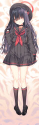 Rule 34 | 1girl, arikawa satoru, beret, black choker, black gloves, black hair, black hat, black sailor collar, black serafuku, black shirt, black shoes, black skirt, black socks, blue archive, choker, commentary request, covered eyes, dakimakura (medium), full body, gloves, hair over eyes, halo, hat, highres, justice task force member (blue archive), kneehighs, long bangs, long hair, long sleeves, lying, neckerchief, on back, red halo, red neckerchief, sailor collar, school uniform, serafuku, shirt, shoes, skirt, socks, solo, upper body