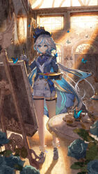1girl ahoge analog_clock ascot blue_ascot blue_brooch blue_eyes blue_hair blue_hat blue_jacket bug butterfly canvas_(object) clock closed_mouth commentary_request cup drop-shaped_pupils easel facing_viewer flower full_body furina_(genshin_impact) genshin_impact grandfather_clock hair_between_eyes hat heterochromia highres holding holding_paint_palette holding_paintbrush hydro_symbol_(genshin_impact) indoors insect jacket light_rays long_hair long_sleeves mismatched_pupils multicolored_hair ouji_fashion paint_palette paintbrush painting_(action) peachumi picture_frame portrait_(object) saucer shoes shorts solo streaked_hair sunbeam sunlight symbol-shaped_pupils table tea_set teacup teapot very_long_hair vision_(genshin_impact) white_shorts window