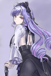 1girl back backless_dress backless_outfit black_dress black_headdress black_nails bow breasts curly_hair dress elf eyebrows_hidden_by_hair eyes_visible_through_hair grey_background hair_bow high-waist_skirt highres kurenai_iuna large_breasts long_hair looking_at_viewer mole mole_under_eye pointy_ears purple_hair red_eyes skirt solo standing teeth umbrella very_long_hair vivian_banshee white_dress zenless_zone_zero