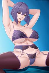 1girl aslindsamure bra breasts ghost_in_the_shell kusanagi_motoko large_breasts panties purple_hair red_eyes short_hair smile underwear