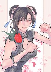 1girl animal_print bare_shoulders birthday black_hair bracelet breasts china_dress chinese_clothes cleavage cleavage_cutout clenched_hands closed_mouth clothing_cutout commentary_request dated double_bun dress fighting_stance final_fantasy final_fantasy_vii final_fantasy_vii_remake floral_background flower grey_dress hair_bun hair_ornament heart highres jewelry leopard_print lips long_hair looking_at_viewer ninnin5tora official_alternate_costume official_alternate_hairstyle pink_flower pink_lips print_dress red_eyes red_flower smile solo swept_bangs tifa_lockhart tifa_lockhart_(sporty_dress) upper_body