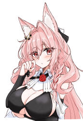 1girl absurdres animal_ear_fluff animal_ears arknights arm_under_breasts blush braid breasts cleavage closed_mouth commentary eyes_visible_through_hair hair_between_eyes hair_intakes hand_up highres large_breasts long_hair looking_at_viewer maiq06 one-hour_drawing_challenge pink_hair pozyomka_(arknights) red_eyes simple_background solo white_background