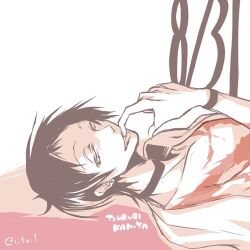 1boy antenna_hair bare_pectorals black_choker black_hair bracelet character_name choker earrings i_to_1 jewelry kamiya_tsurugi lowres male_focus monochrome pectorals scar servamp short_hair tongue tongue_out white_eyes