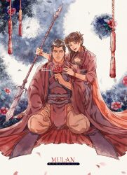 1boy 1girl absurdres anniversary black_hair brown_eyes character_request chinese_clothes copyright_name dress fa_mulan_(disney) hanfu highres jewelry li_shang_(disney) long_hair looking_at_viewer makeup mizala mulan_(movie) short_hair simple_background smile