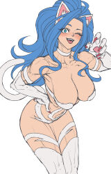 Rule 34 | 1girl, absurdres, animal ears, animal hands, blue hair, blush, breasts, cat ears, cat tail, darkstalkers, felicia (darkstalkers), green eyes, highres, large breasts, leon kim, long hair, looking at viewer, one eye closed, tail, tongue, tongue out, very long hair, white background, white fur