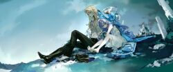 Rule 34 | 2boys, 2girls, barefoot, belle (zenless zone zero), black pants, black shoes, blonde hair, blue hair, briefcase, brother and sister, closed mouth, commentary, crossed bangs, doll, english commentary, green eyes, grey hair, hair between eyes, high heels, highres, hugo vlad, looking at viewer, multicolored eyes, multiple boys, multiple girls, official art, open clothes, open mouth, pants, purple hair, red eyes, shirt, shoes, siblings, smile, third-party source, vivian (zenless zone zero), white shirt, wise (zenless zone zero), zenless zone zero