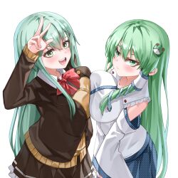 2girls aqua_eyes aqua_hair blush bow bowtie breast_press breasts brown_cardigan brown_jacket brown_skirt cardigan detached_sleeves frog_hair_ornament green_eyes green_hair hair_ornament hair_tubes hairclip highres jacket kantai_collection kochiya_sanae large_breasts long_hair looking_at_viewer mahoro_(minase_mahoro) multiple_girls nontraditional_miko open_mouth pleated_skirt school_uniform shirt single_hair_tube skirt smile snake_hair_ornament suzuya_(kancolle) suzuya_kai_ni_(kancolle) symmetrical_docking touhou v white_background white_shirt