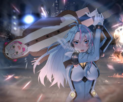 2girls azura_cecillia black_footwear blue_eyes blue_hair bodysuit boots braid breasts cardboard_cutout facial_tattoo fire floating_hair green_eyes grey_hair hievasp highres holding_person medium_breasts mixed-language_commentary miyu_ottavia multicolored_hair multiple_girls nijisanji nijisanji_id otter_costume pink_hair purple_hair streaked_hair tattoo upper_body v virtual_youtuber