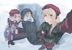 3girls 9a-91_(girls&#039;_frontline) ak74m_(girls&#039;_frontline) bag beret blonde_hair blush bound bound_wrists commentary double_middle_finger double_v english_commentary flag_hair_ornament gagged girls&#039;_frontline gloves hair_ornament hat in_bag in_container long_hair looking_at_viewer middle_finger multiple_girls oadooo72196 parted_lips partially_fingerless_gloves selfie smile snow snowflake_hair_ornament star_(symbol) star_hair_ornament suomi_(girls&#039;_frontline) v white_gloves white_mouth