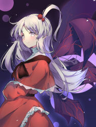 Rule 34 | 1girl, absurdres, capelet, closed mouth, commentary, dress, grey eyes, grey hair, hair bobbles, hair ornament, highres, kitahara (pixiv 19528441), long hair, looking at viewer, multiple wings, one side up, purple wings, red capelet, red dress, shinki (touhou), smile, solo, touhou, touhou (pc-98), very long hair, wings