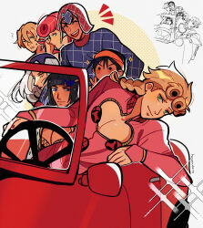 1girl 6+boys absurdres artist_name black_hair blonde_hair bob_cut braid braided_ponytail bruno_bucciarati car cleavage_cutout clothing_cutout commentary_request derivative_work driving earrings giorno_giovanna green_eyes grey_hair guido_mista hairband hat highres huyandere jewelry jojo_no_kimyou_na_bouken leone_abbacchio lipstick long_hair makeup motor_vehicle multiple_boys narancia_ghirga orange_hairband pannacotta_fugo pectoral_cleavage pectorals pink_hair red_car reference_inset signature single_braid solid_circle_eyes sparkle sparkling_aura stud_earrings sweatdrop trish_una v vento_aureo very_long_hair