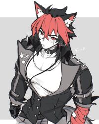 1boy animal_ears bandaged_arm bandages black_choker black_jacket blush choker dog_boy ear_piercing fingerless_gloves gloves highres jacket jewelry komano_manato large_pectorals male_focus multicolored_hair multiple_scars muscular muscular_male necklace partially_colored pectorals piercing red_eyes scar scar_on_face shirt short_hair solo tail tentashi white_shirt zenless_zone_zero